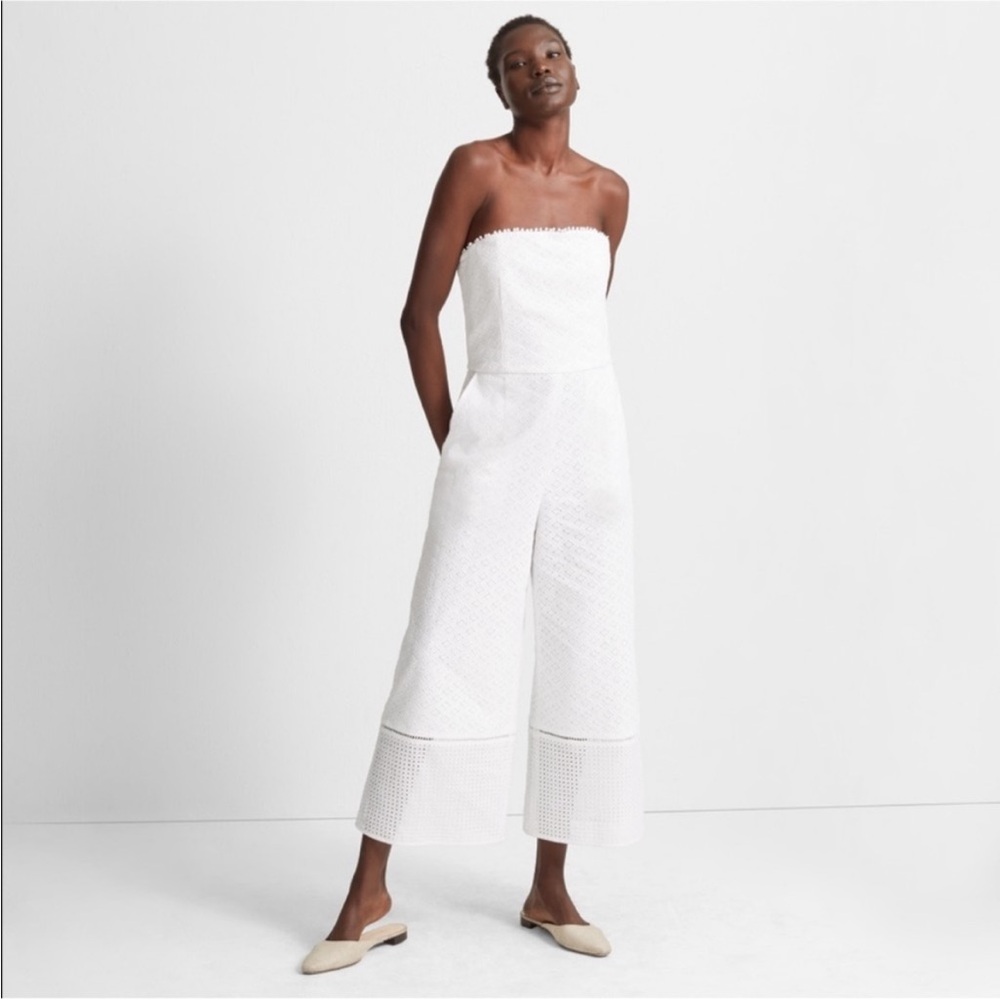 ▪️Club Monaco White Strapless Eyelet Jumpsuit Wide Leg